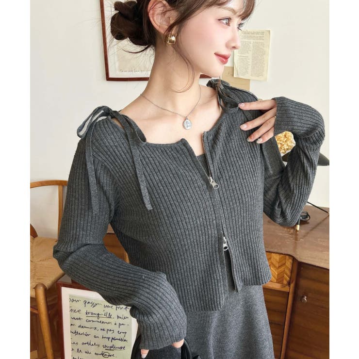 ジップアップカーディガン&リボンキャミワンピースセットアップニット | moment+ | 詳細画像11 