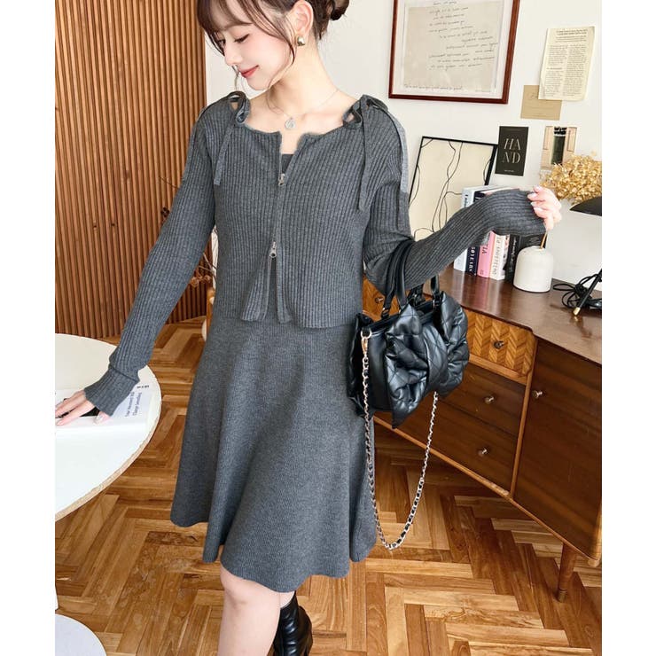 ジップアップカーディガン&リボンキャミワンピースセットアップニット | moment+ | 詳細画像12 