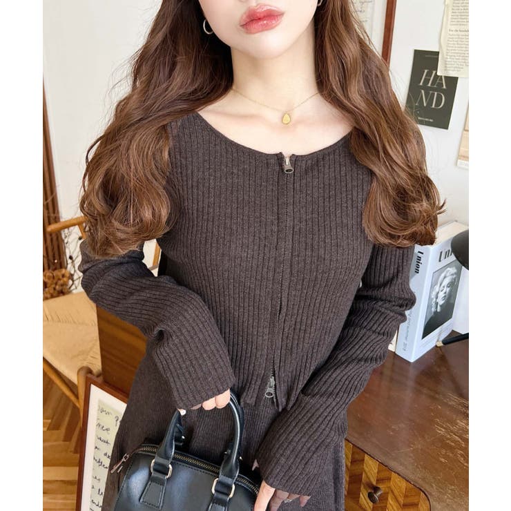 ジップアップカーディガン&リボンキャミワンピースセットアップニット | moment+ | 詳細画像13 