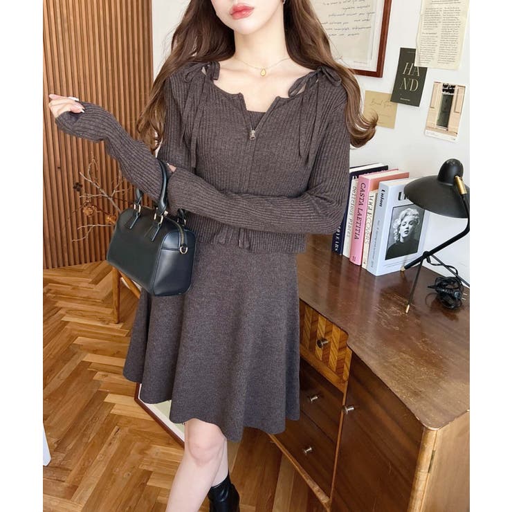 ジップアップカーディガン&リボンキャミワンピースセットアップニット | moment+ | 詳細画像15 