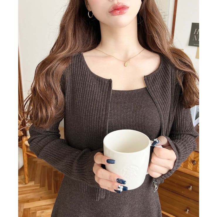 ジップアップカーディガン&リボンキャミワンピースセットアップニット | moment+ | 詳細画像16 