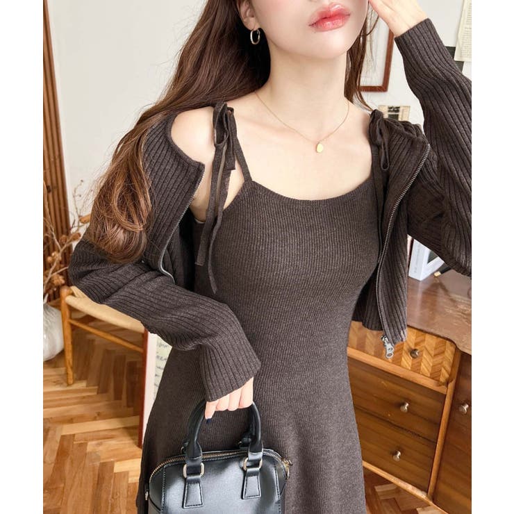 ジップアップカーディガン&リボンキャミワンピースセットアップニット | moment+ | 詳細画像17 