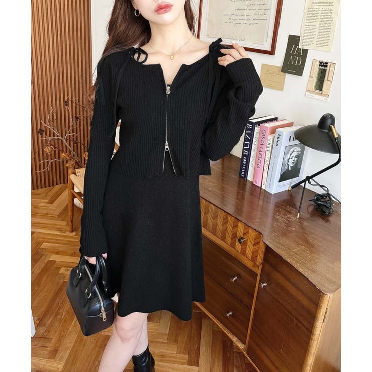 ジップアップカーディガン&リボンキャミワンピースセットアップニット | moment+ | 詳細画像2 