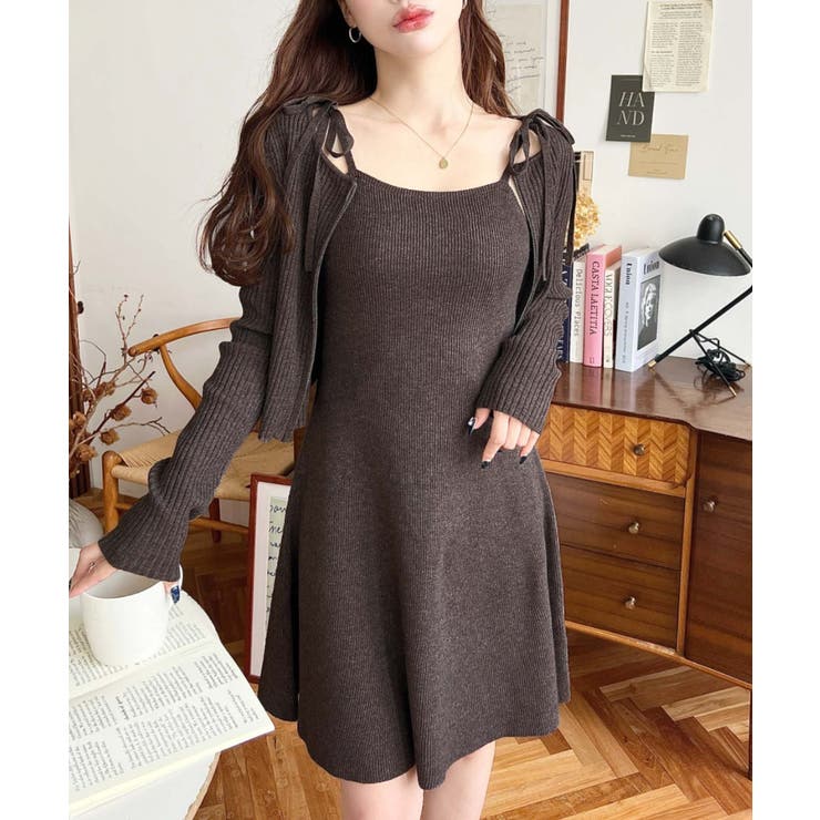 ジップアップカーディガン&リボンキャミワンピースセットアップニット | moment+ | 詳細画像20 