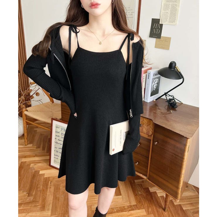 ジップアップカーディガン&リボンキャミワンピースセットアップニット | moment+ | 詳細画像4 