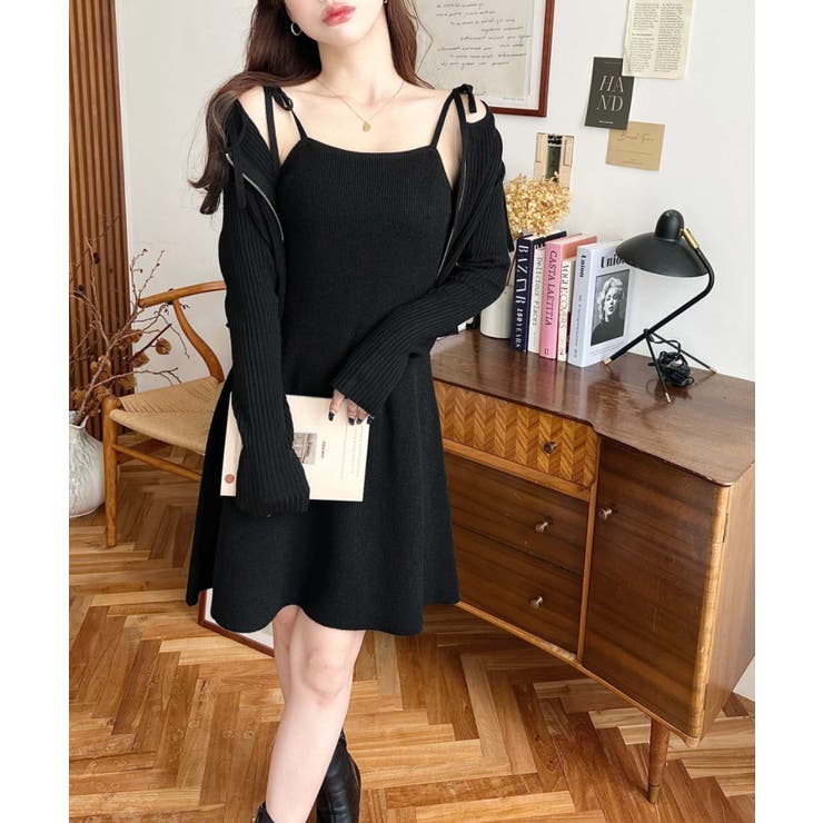 ジップアップカーディガン&リボンキャミワンピースセットアップニット | moment+ | 詳細画像6 