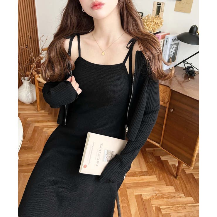 ジップアップカーディガン&リボンキャミワンピースセットアップニット | moment+ | 詳細画像7 