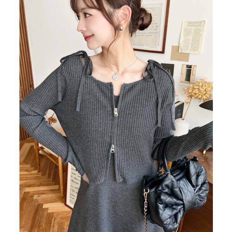 ジップアップカーディガン&リボンキャミワンピースセットアップ