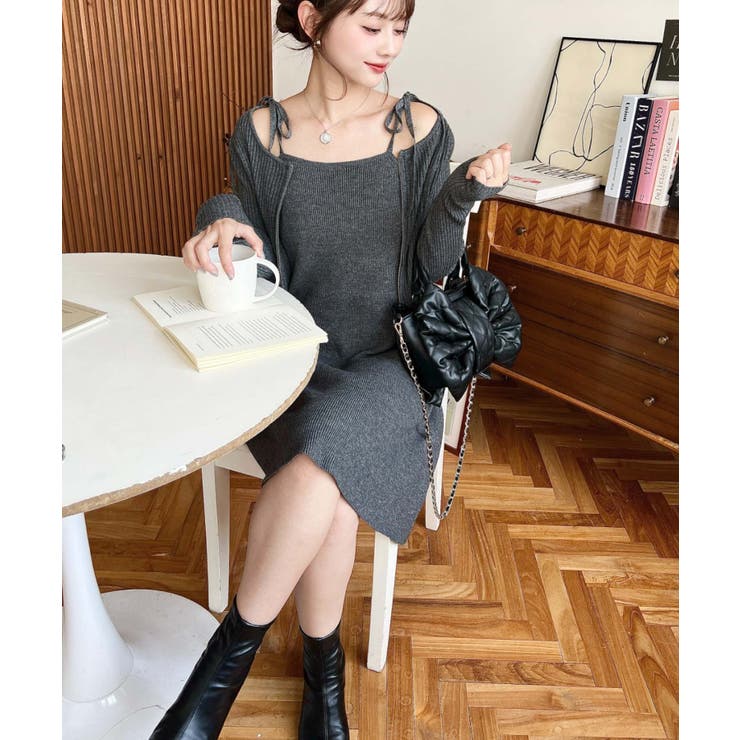 ジップアップカーディガン&リボンキャミワンピースセットアップニット | moment+ | 詳細画像9 