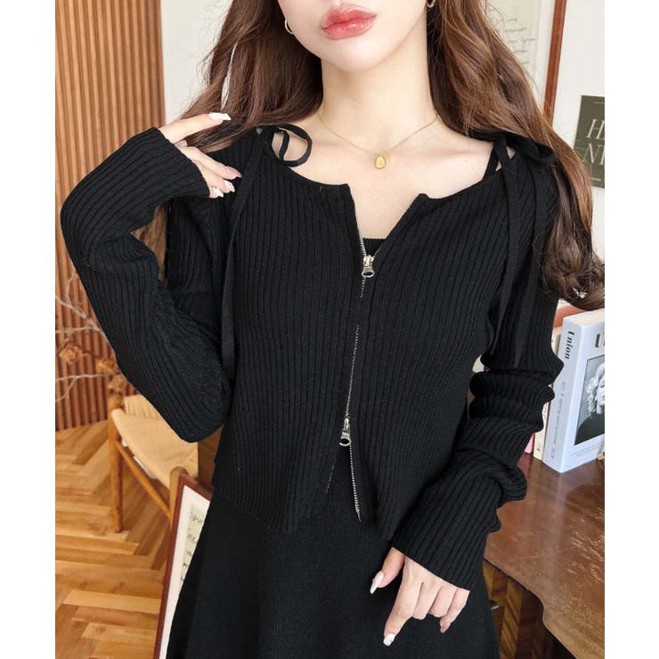 ブラック | ジップアップカーディガン&リボンキャミワンピースセットアップニット | moment+