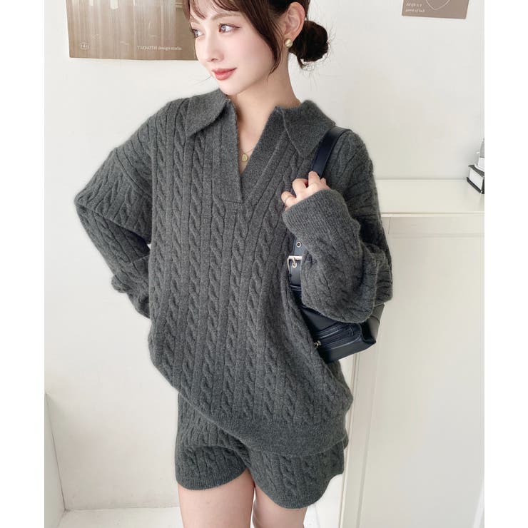 《セットアップ》ケーブル編みポロ&ショートパンツセットアップニット | moment+ | 詳細画像10 