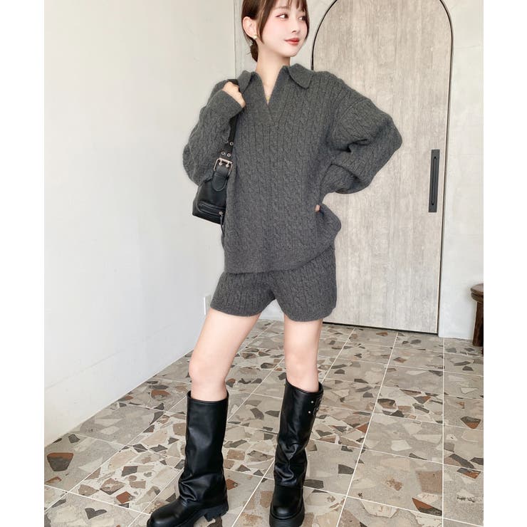 《セットアップ》ケーブル編みポロ&ショートパンツセットアップニット | moment+ | 詳細画像11 