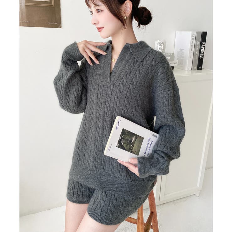 《セットアップ》ケーブル編みポロ&ショートパンツセットアップニット | moment+ | 詳細画像13 