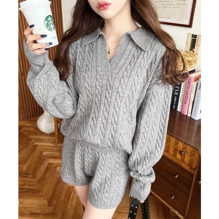 《セットアップ》ケーブル編みポロ&ショートパンツセットアップニット | moment+ | 詳細画像15 