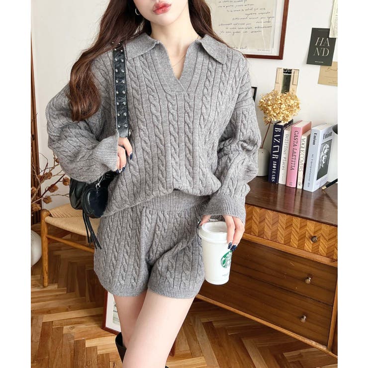 《セットアップ》ケーブル編みポロ&ショートパンツセットアップニット | moment+ | 詳細画像16 