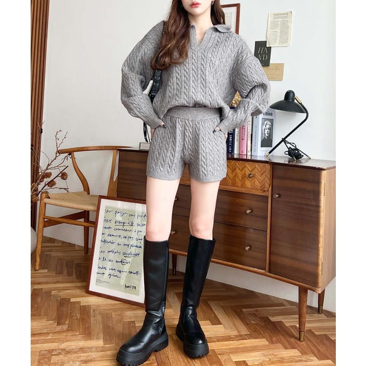 《セットアップ》ケーブル編みポロ&ショートパンツセットアップニット | moment+ | 詳細画像17 