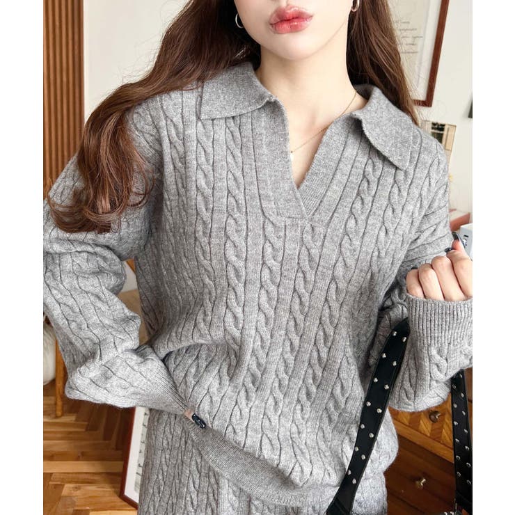 《セットアップ》ケーブル編みポロ&ショートパンツセットアップニット | moment+ | 詳細画像18 