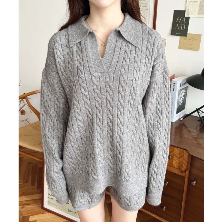 《セットアップ》ケーブル編みポロ&ショートパンツセットアップニット | moment+ | 詳細画像20 