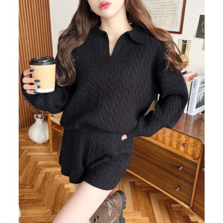 《セットアップ》ケーブル編みポロ&ショートパンツセットアップニット | moment+ | 詳細画像4 