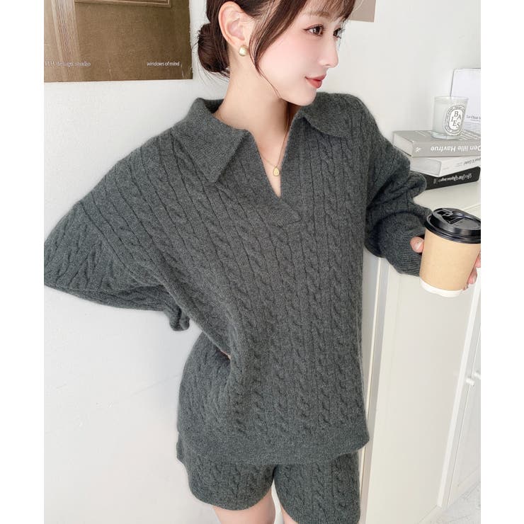 《セットアップ》ケーブル編みポロ&ショートパンツセットアップニット | moment+ | 詳細画像9 