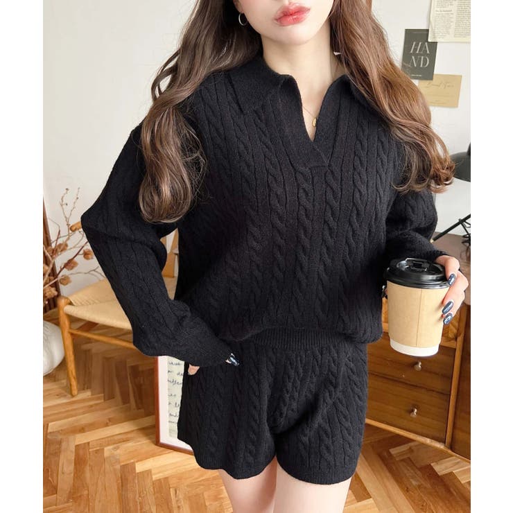 セットアップ》ケーブル編みポロ&ショートパンツセットアップニット