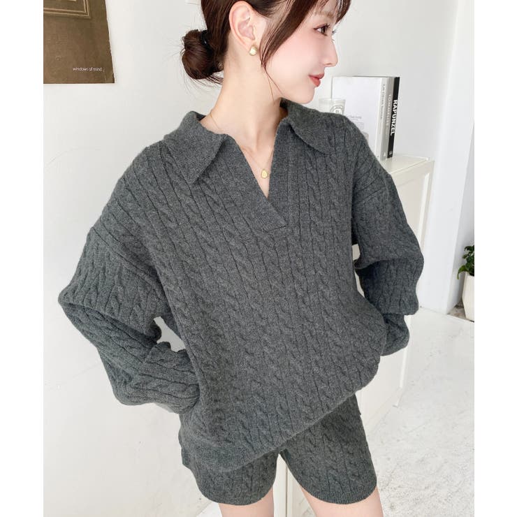 チャコールグレー | 《セットアップ》ケーブル編みポロ&ショートパンツセットアップニット | moment+