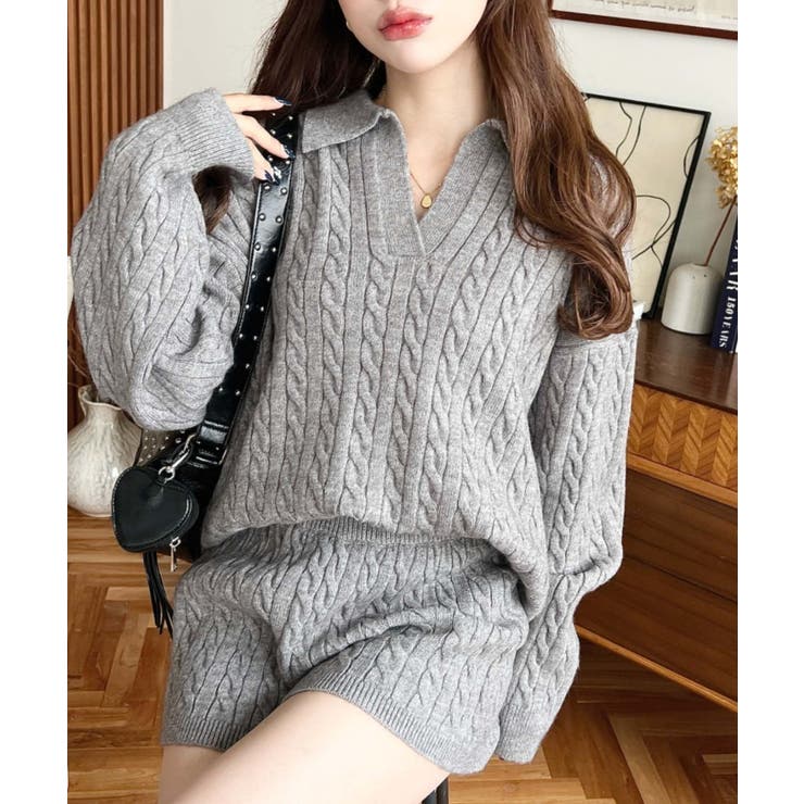 グレー | 《セットアップ》ケーブル編みポロ&ショートパンツセットアップニット | moment+