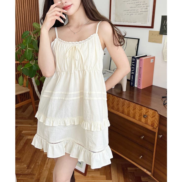 コットンレースフリルティアードキャミワンピース[品番