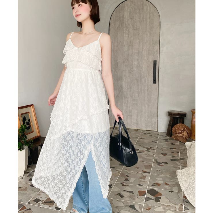 フラワーストレッチレースフロントスリットアシンメトリ―キャミワンピース | moment+ | 詳細画像20 