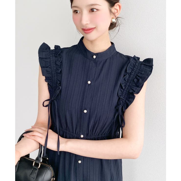 ネイビー | ドロストリボンショルダーフリルティアードシャツワンピース | moment+