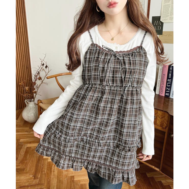 00s TRALALA ビスチェ風 モノトーンチェック柄フリルキャミワンピ 00s TRALALA ビスチェ風 モノトーンチェック柄フリルキャミワンピ