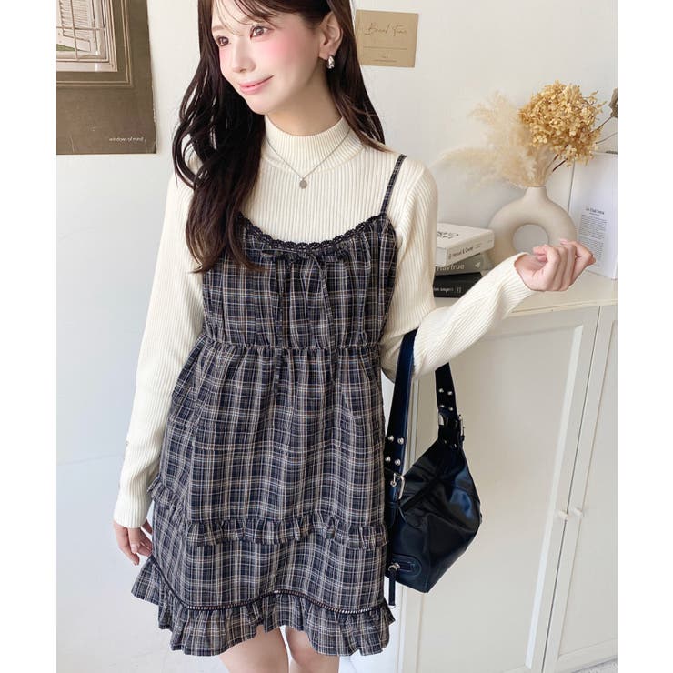 ブラック | フリルティアードキャミチェックワンピース | moment+