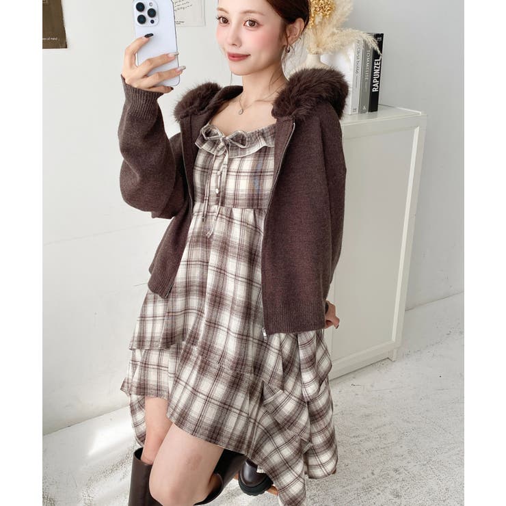 イレギュラーヘムチェック柄キャミワンピース[品番：ERMW0004162