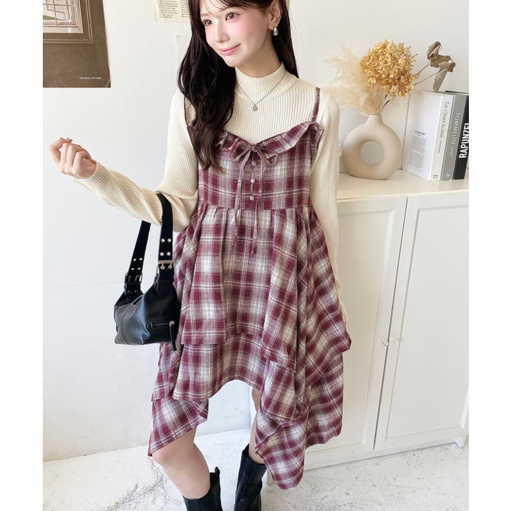 イレギュラーヘムチェック柄キャミワンピース[品番：ERMW0004162