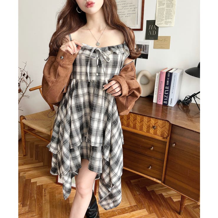 イレギュラーヘムチェック柄キャミワンピース | moment+ | 詳細画像4 