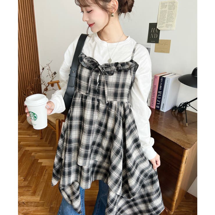 イレギュラーヘムチェック柄キャミワンピース[品番：ERMW0004162