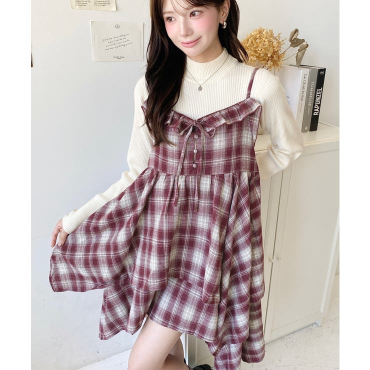 ボルドー | イレギュラーヘムチェック柄キャミワンピース | moment+