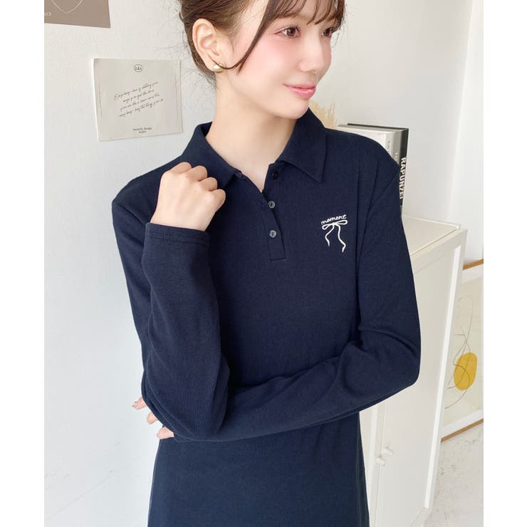 ワンポイントリボン刺繍長袖ポロワンピース | moment+ | 詳細画像12 