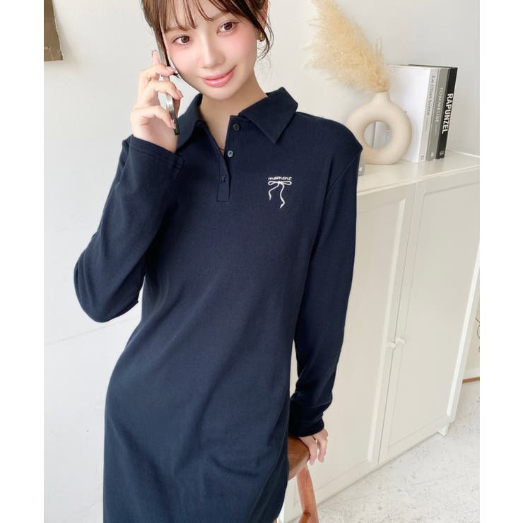 ワンポイントリボン刺繍長袖ポロワンピース[品番：ERMW0004104