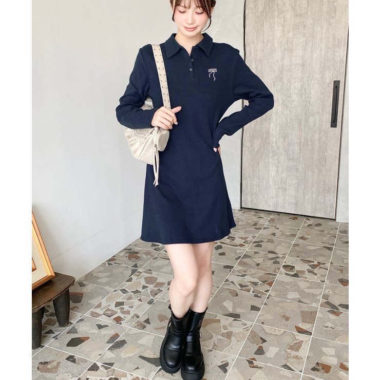 ワンポイントリボン刺繍長袖ポロワンピース[品番：ERMW0004104