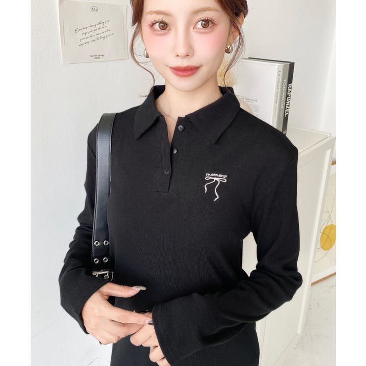 ワンポイントリボン刺繍長袖ポロワンピース[品番：ERMW0004104