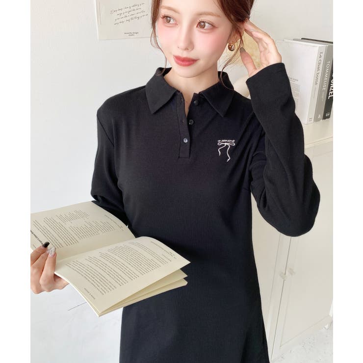 ワンポイントリボン刺繍長袖ポロワンピース | moment+ | 詳細画像3 