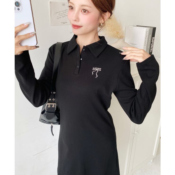 ワンポイントリボン刺繍長袖ポロワンピース[品番：ERMW0004104