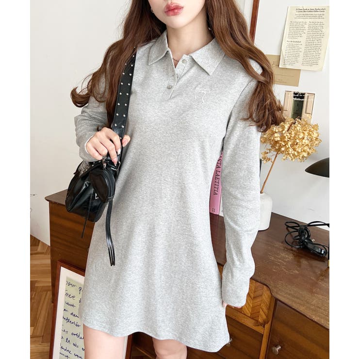 ワンポイントリボン刺繍長袖ポロワンピース | moment+ | 詳細画像8 