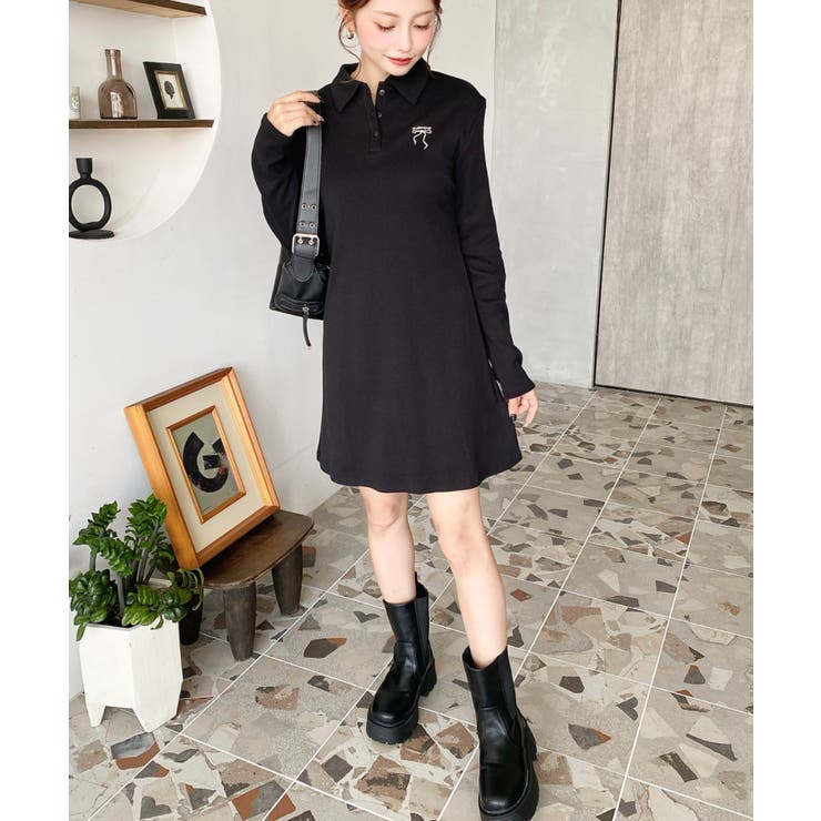 ワンポイントリボン刺繍長袖ポロワンピース[品番：ERMW0004104