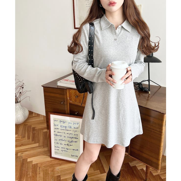 杢グレー | ワンポイントリボン刺繍長袖ポロワンピース | moment+