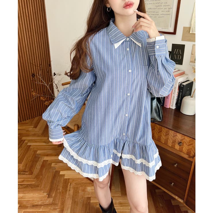 ダブルカラーレースフリルティアードシャツワンピース | moment+ | 詳細画像12 