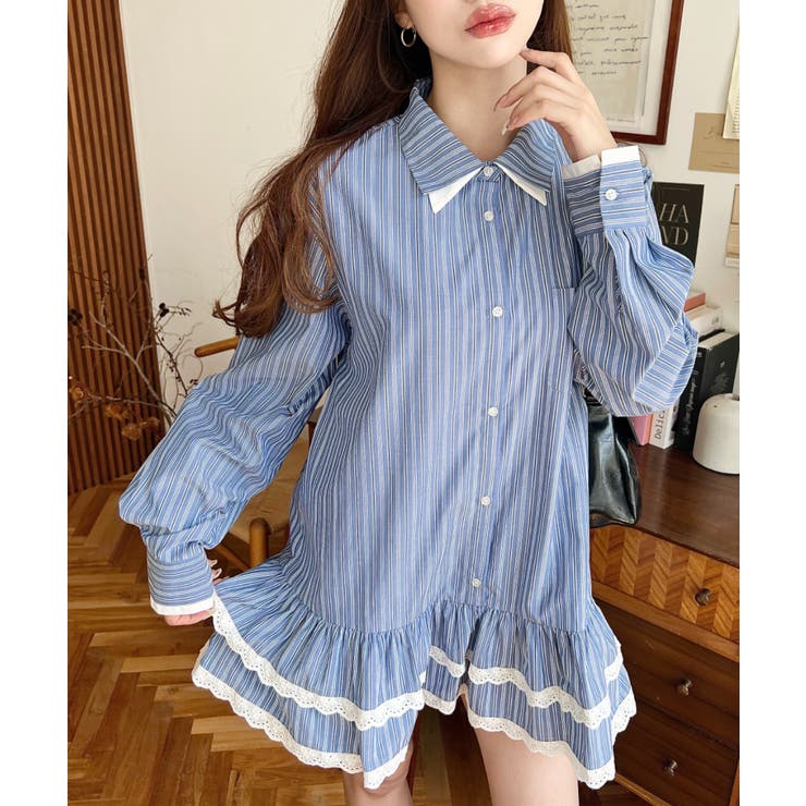 ネイビー | ダブルカラーレースフリルティアードシャツワンピース | moment+