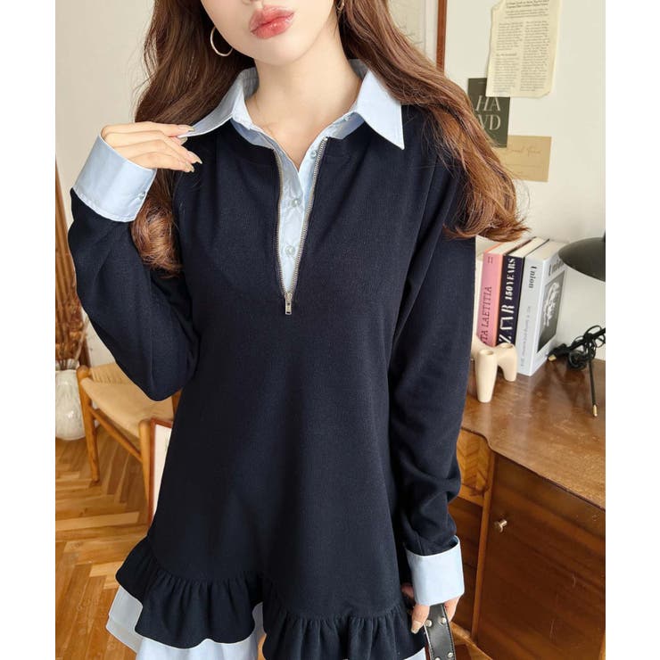 シャツドッキングフリルミニワンピース[品番：ERMW0004201