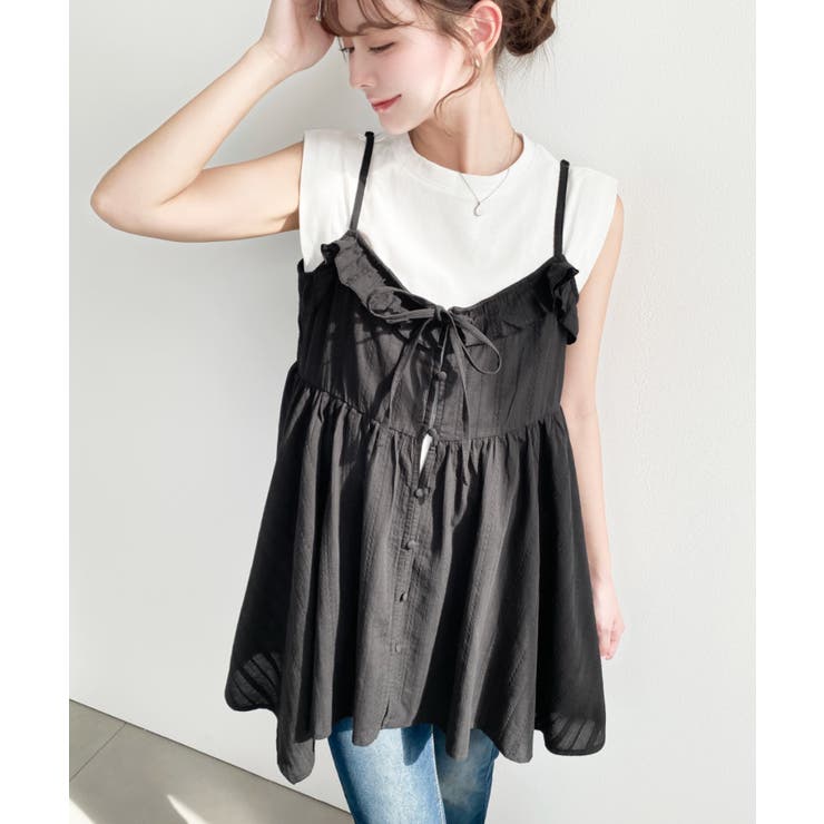 ブラック | アシメヘムキャミチュニック コットンカラミレース | moment+